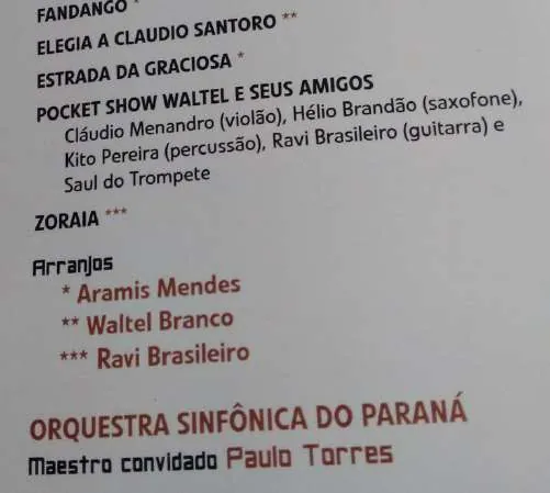 Programa do concerto da Orquestra Sinfônica do Paraná, com Ravi Brasileiro na guitarra e entre os arranjadores